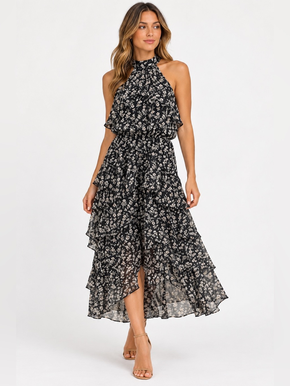 Express Halter Tiered Ruffle High Low Midi Dress Black Floral XS